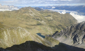 Bergtour Pfannspitze - Gipfelsieg, Blick zur Obstanser-See-Hütte