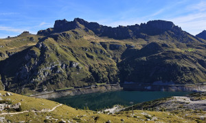 Hochtour Marmolata - Zustieg, Rückblick Fedaia Stausee Hochtour Marmolata - Zustieg, Rückblick Fedaia Stausee